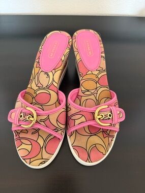 Coach Pink Signature Print Slide Wedge Sandals SZ 8B